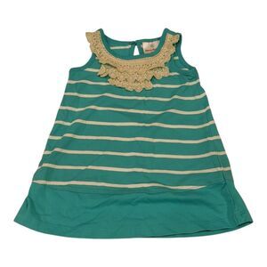 Hanna Andersson teal green striped tank sleeveless lace dress girl size 80 18-24